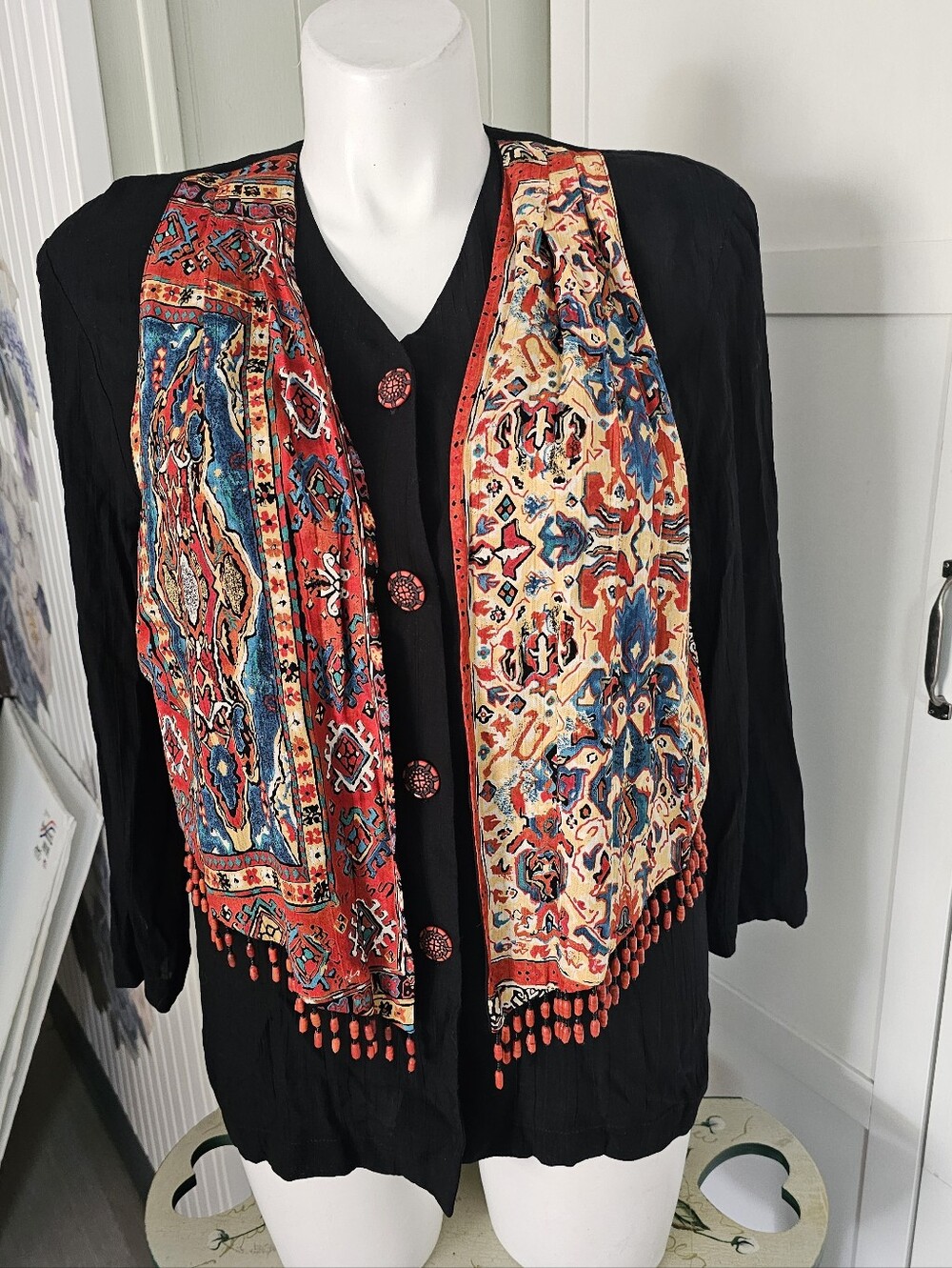 Carole Little Vintage NOS Size 8 Blouse Faux Vest Beaded Fringe Southwestern New